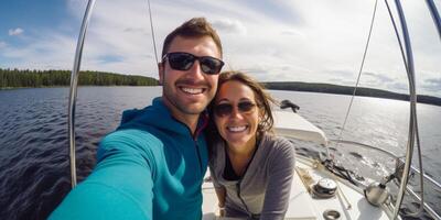 couple dans l'amour sur une bateau selfie photo