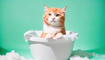 mignonne chaton dans une une baignoire avec mousse photo