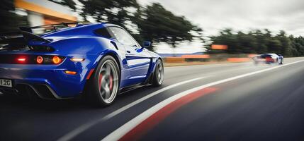 des sports voiture monte sur le Piste avec fou la vitesse arrière vue bannière photo