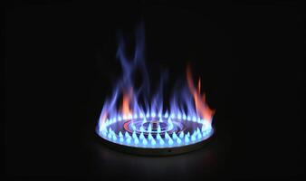 bleu flamme de une gaz brûleur sur une noir Contexte photo