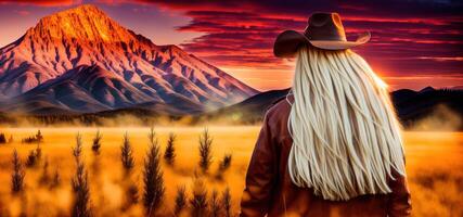 blond femme dans cow-boy chapeau et cuir veste dans blé champ à le coucher du soleil et Montagne voir, retour voir, bannière photo