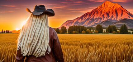 blond femme dans cow-boy chapeau et cuir veste dans blé champ à le coucher du soleil et Montagne voir, retour voir, bannière photo