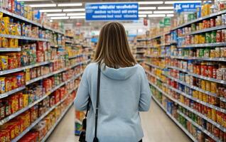 femme dans une supermarché sur le Contexte de vitrines avec des produits arrière vue photo