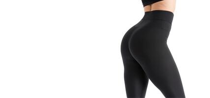 femme dans noir leggings sur une blanc Contexte retour voir, photo