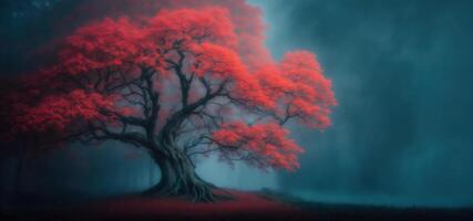 la magie brumeux forêt avec rouge arbre bannière photo