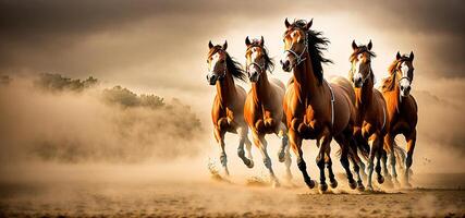 les chevaux fonctionnement à travers le poussiéreux champ photo