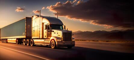 un camion à le coucher du soleil monte sur le Autoroute bannière photo