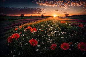 fleurs dans une Prairie à le coucher du soleil photo