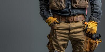 entretien ouvrier avec une sac et une ensemble de outils sur le sien ceinture photo