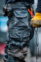 entretien ouvrier avec une sac et une ensemble de outils sur le sien ceinture photo