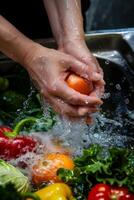 mains laver des légumes éclabousser l'eau photo