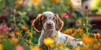 chiots sur une floral Contexte photo