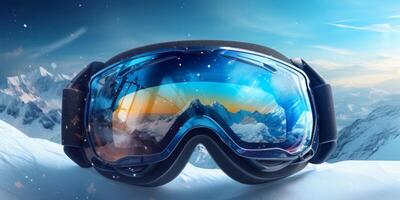ski des lunettes de protection avec montagnes réflexion photo