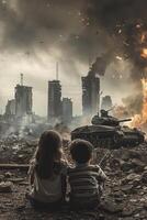 les enfants séance dans de face de une ruiné ruiné ville photo