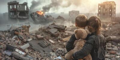 les enfants séance dans de face de une ruiné ruiné ville photo