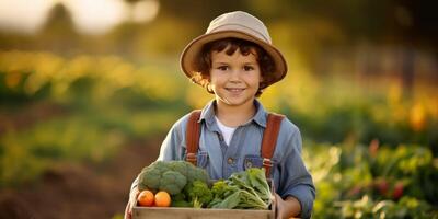 agriculteur en portant des légumes et des fruits dans le sien mains photo