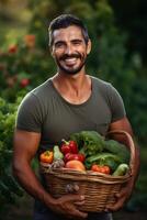 agriculteur en portant des légumes et des fruits dans le sien mains photo