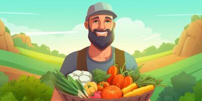 agriculteur en portant des légumes et des fruits dans le sien mains photo