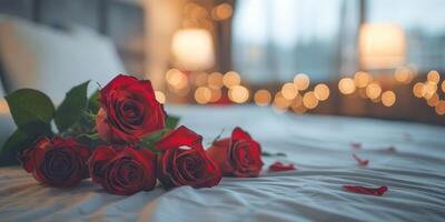 bouquet de rouge des roses sur le lit photo