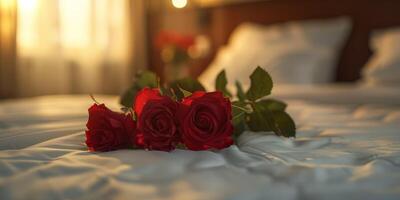bouquet de rouge des roses sur le lit photo
