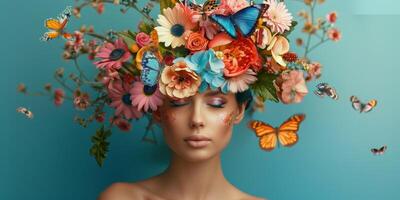Jeune femme avec une couronne de fleurs sur sa tête photo