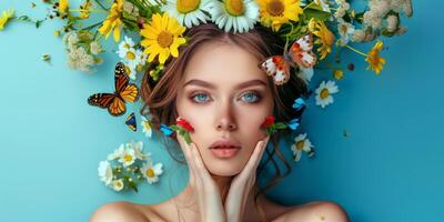 Jeune femme avec une couronne de fleurs sur sa tête photo