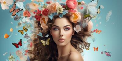 Jeune femme avec une couronne de fleurs sur sa tête photo