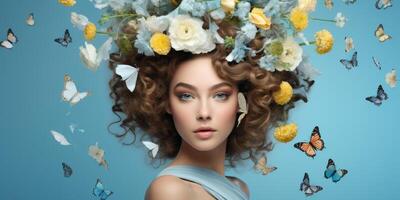 Jeune femme avec une couronne de fleurs sur sa tête photo