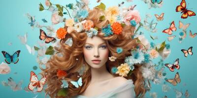 Jeune femme avec une couronne de fleurs sur sa tête photo