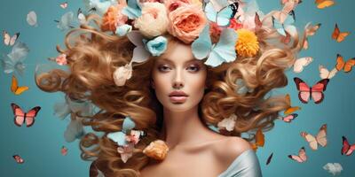 Jeune femme avec une couronne de fleurs sur sa tête photo