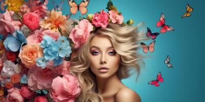 Jeune femme avec une couronne de fleurs sur sa tête photo