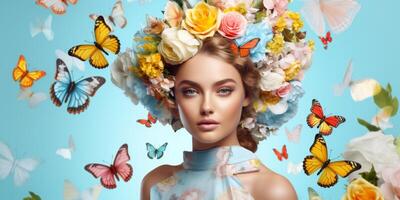 Jeune femme avec une couronne de fleurs sur sa tête photo