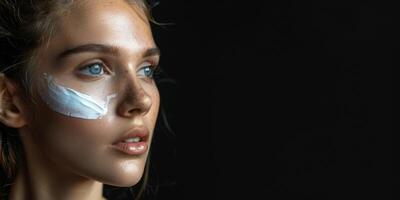 Jeune femme avec cosmétique crème sur sa visage peau se soucier photo