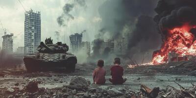 les enfants contre le toile de fond de une détruit ville photo