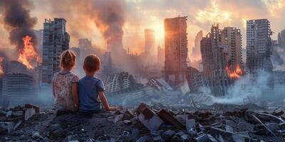 les enfants contre le toile de fond de une détruit ville photo