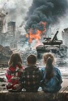les enfants contre le toile de fond de une détruit ville photo