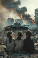 les enfants contre le toile de fond de une détruit ville photo