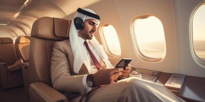 arabe homme d'affaire dans une privé jet photo