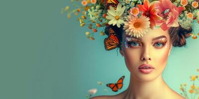 Jeune femme avec une couronne de fleurs sur sa tête photo