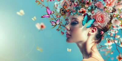 Jeune femme avec une couronne de fleurs sur sa tête photo