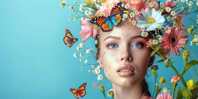 Jeune femme avec une couronne de fleurs sur sa tête photo