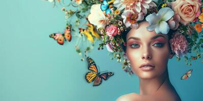 Jeune femme avec une couronne de fleurs sur sa tête photo