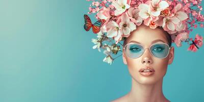 Jeune femme avec une couronne de fleurs sur sa tête photo