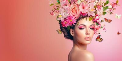 Jeune femme avec une couronne de fleurs sur sa tête photo