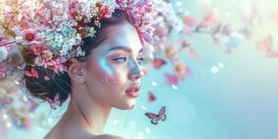 Jeune femme avec une couronne de fleurs sur sa tête photo