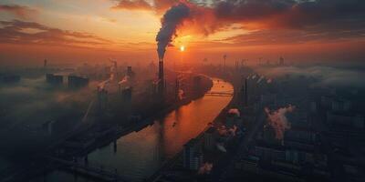 industriel entreprise des nuages de fumée de cheminées photo