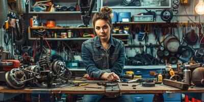 femelle auto mécanicien dans atelier, portrait photo