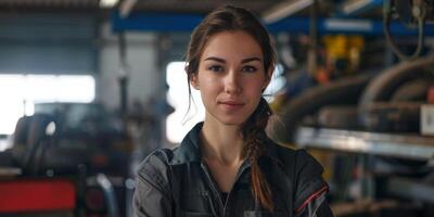 femelle auto mécanicien dans atelier, portrait photo