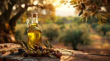 une verre bouteille de olive pétrole sur le en bois table dans se concentrer. photo