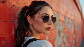 portrait de une Jeune femme avec des lunettes de soleil dans le rue. photo